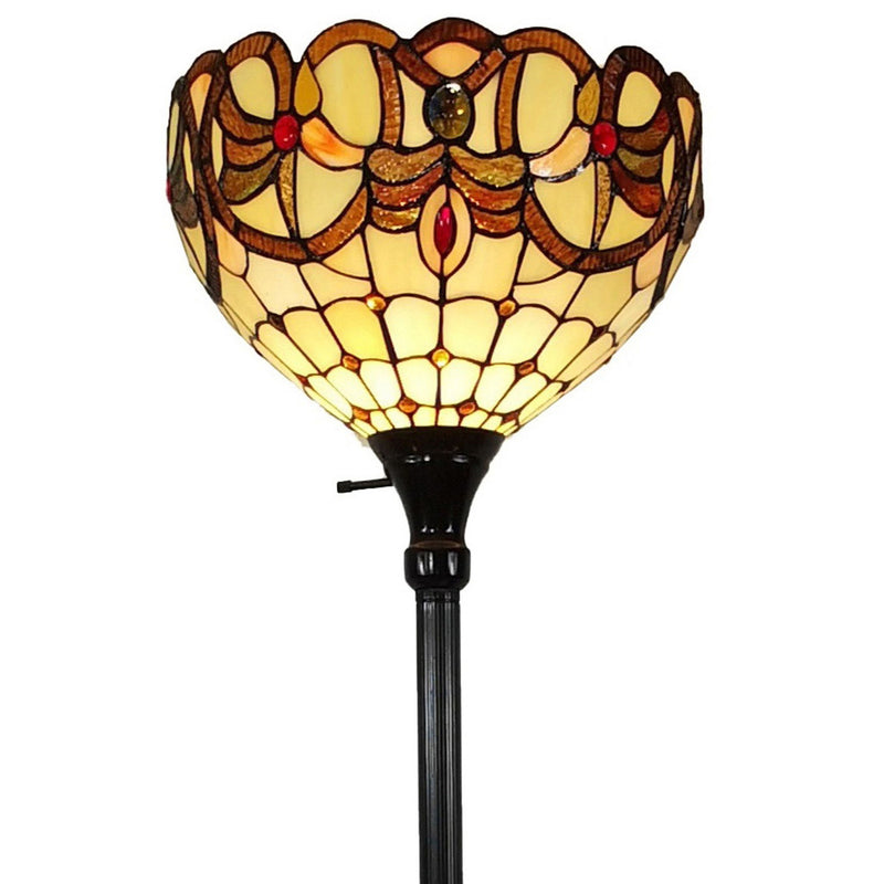Traditional Shaped Floor Lamp With White And Brown Stained Glass Bowl Shade - Brown