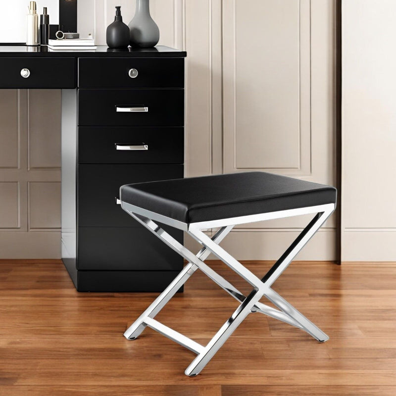 21" Faux Leather Vanity Chair - Black / Silver