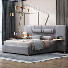 Load image into Gallery viewer, Upholstered Platform Bed, 2 Outlets And USB Charging Ports On Both Sides, 2 Bedside Pillows, Storage Shelves
