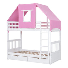 Load image into Gallery viewer, Twin Over Twin Bunk Bed Wood Bed with Tent and Drawers, White+Pink Tent
