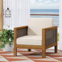 Load image into Gallery viewer, Outdoor Acacia Wood Club Chair with Wicker Accents, Teak Finish + Mixed Brown + Beige, 30.25&quot;D x 27.5&quot;W x 23.75&quot;H
