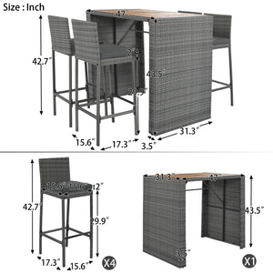 GO 5-pieces Outdoor Patio Wicker Bar Set, Bar Height Chairs With Non-Slip Feet And Fixed Rope, Removable Cushion, Acacia Wood Table Top, Brown Wood And Gray Wicker