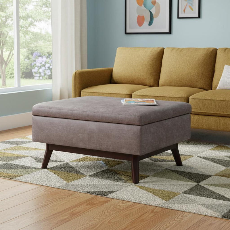34" Leather Cocktail Ottoman With Storage - Gray / Brown