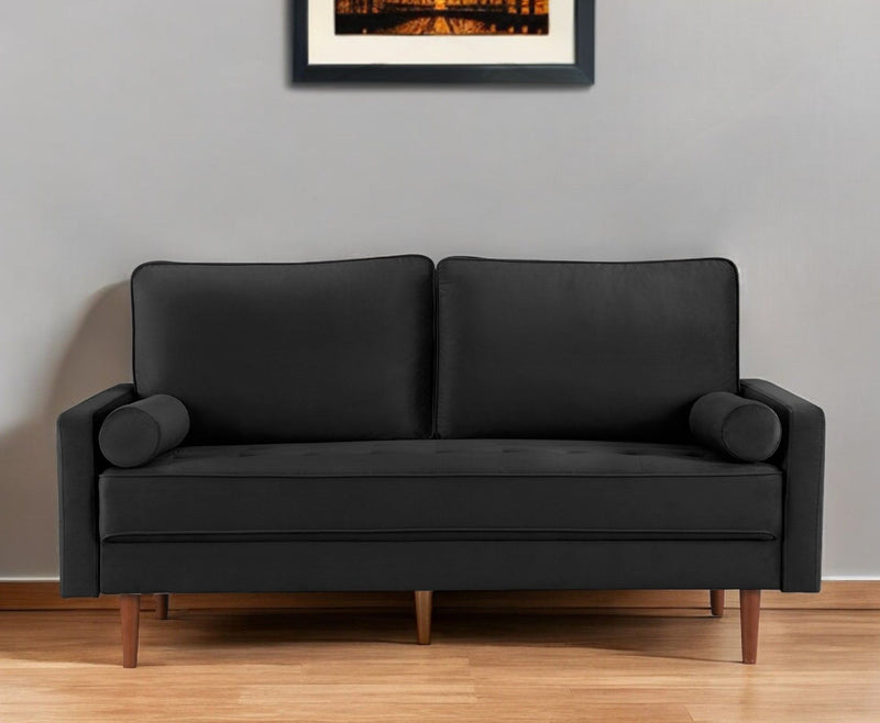 Velvet Sofa And Toss Pillows With Dark Brown Legs - Black