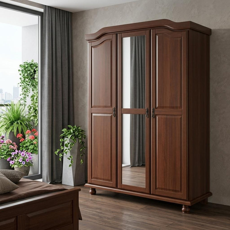 Solid Wood Mirrored Three Door Combo Dresser - Coffee