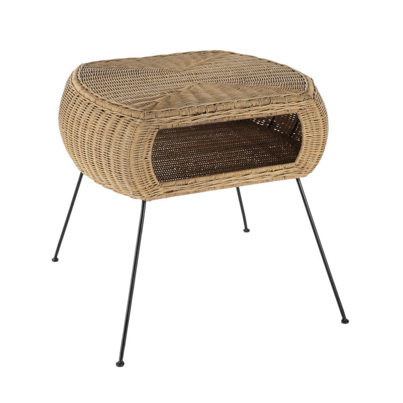 Distressed Rattan And Iron Round End Table With Shelf - Black And Brown