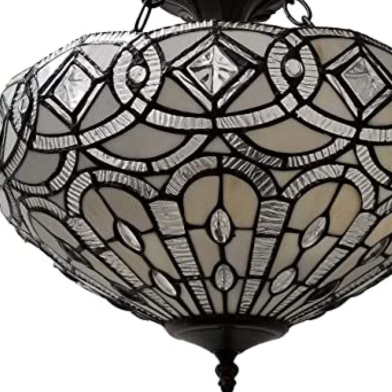 Tiffany Style Two Light Glass Dimmable Semi Flush Ceiling Light - Black / Gray