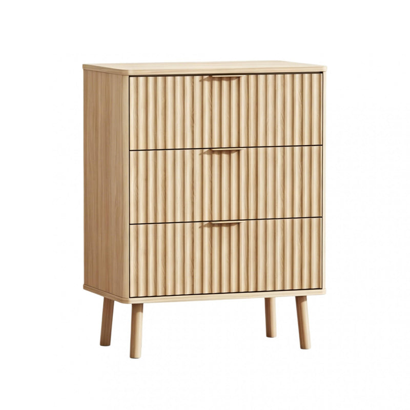 Wood Ribbed Texture Three Drawer Nightstand With USB - Natural