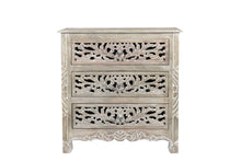 Load image into Gallery viewer, Three Drawer Floral Carved Solid Wood Nightstand - Distressed Gray
