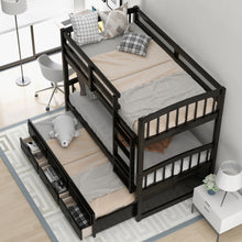 Load image into Gallery viewer, Twin over Twin Wood Bunk Bed with Trundle and Drawers, Espresso
