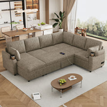 Load image into Gallery viewer, U-Shaped Sectional Sofa Bed With Storage, Charging Ports, And Cup Holders - Brown
