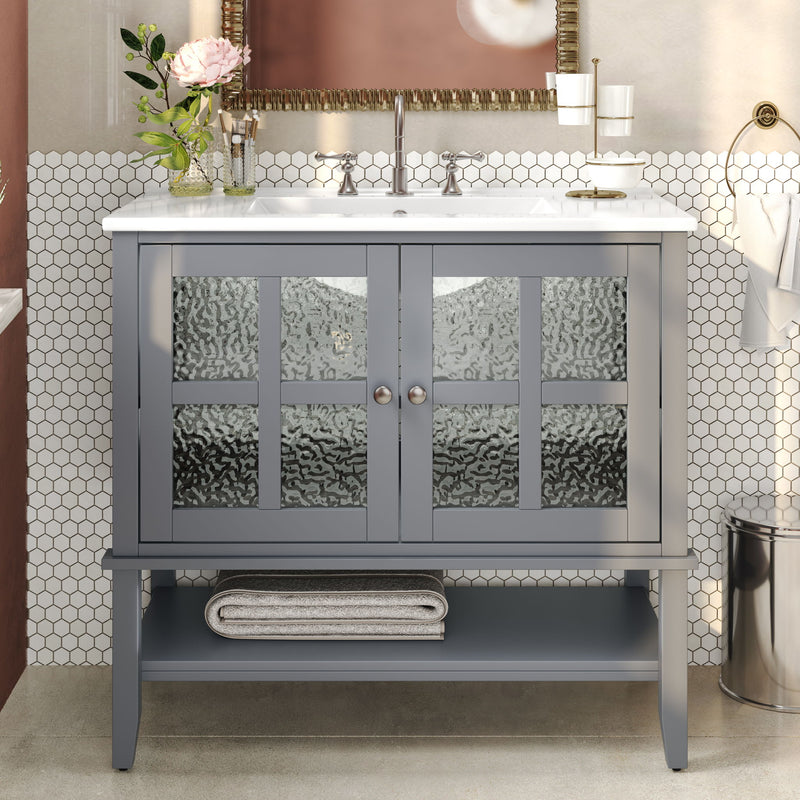 Bathroom Vanity With Ceramic Sink, Adjustable & Open Shelf