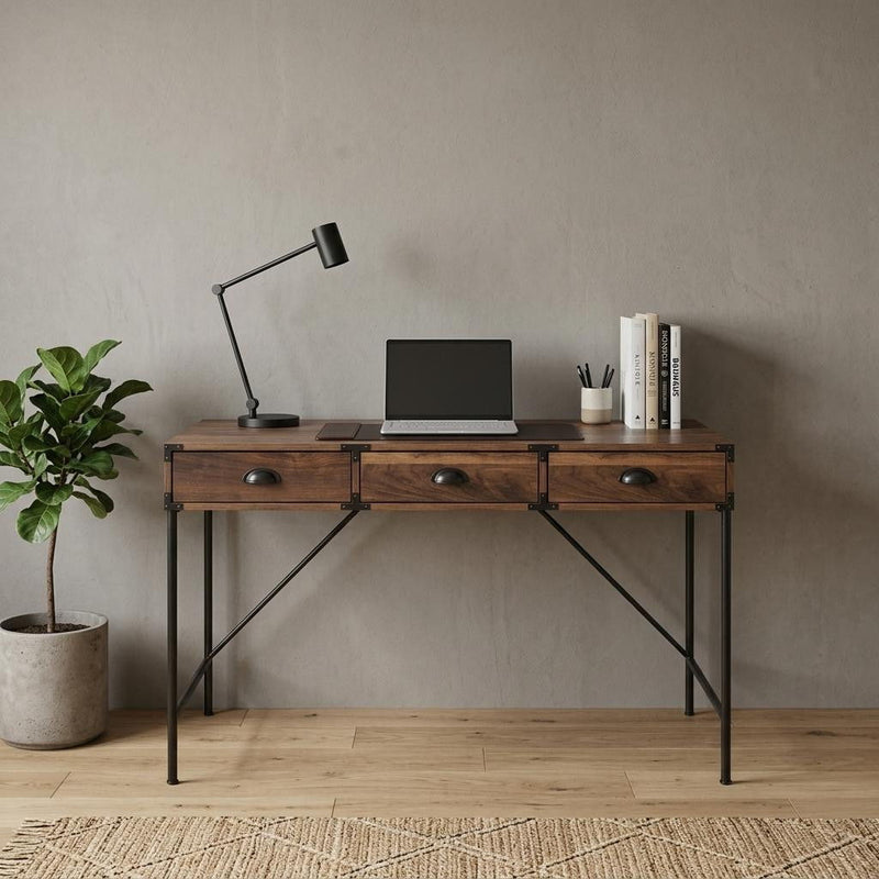 Wall Mounted H-Shape Writing Desk With Three Drawers - Brown