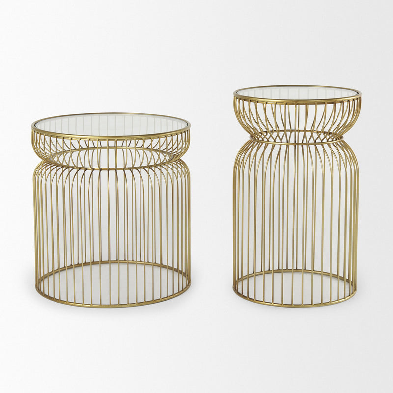 Tempered Glass Metal Wire Round Drum End Tables (Set of 2) - Clear / Gold