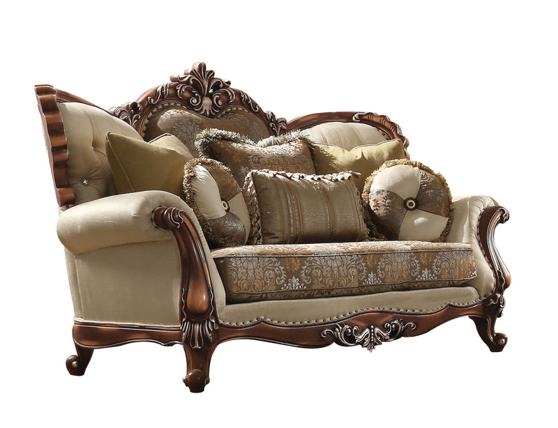 74" Velvet Damask Curved Loveseat And Toss Pillows - Tan And Brown