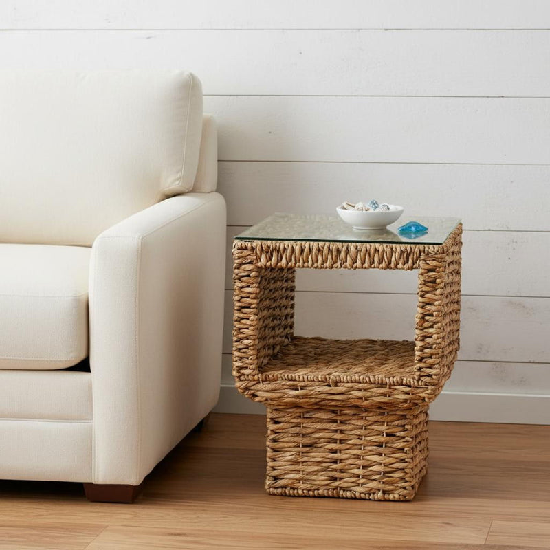 Glass And Rattan Wicker Square End Table - Clear / Brown