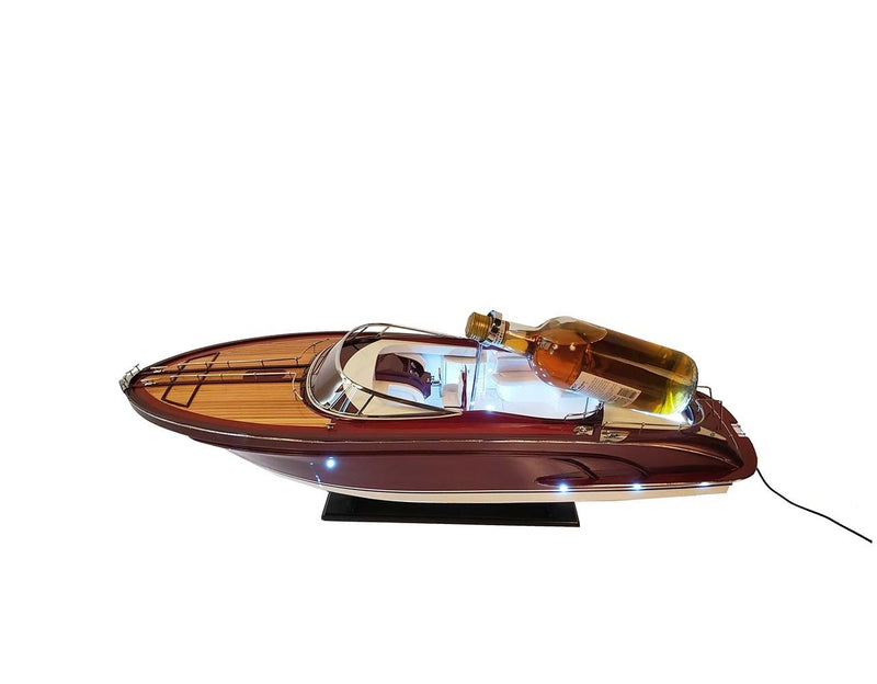 Wooden Boat Sculpture Holder With LED Lights - Wine / White