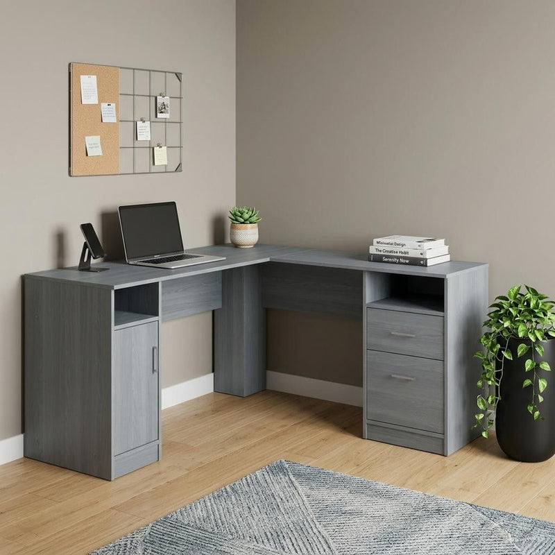 L Shape Computer Desk With Two Drawers - Gray