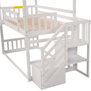 Twin over Twin House Bunk Bed with Convertible Slide,Storage Staircase,White