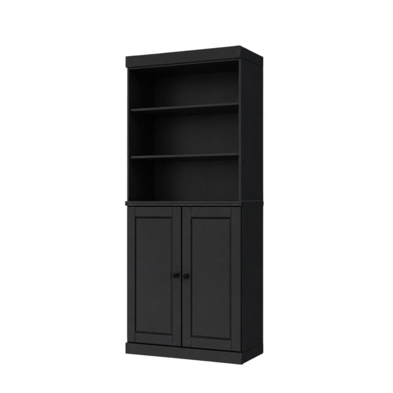 Solid Wood Adjustable Six Tier Library Bookcase With Two Doors - Black