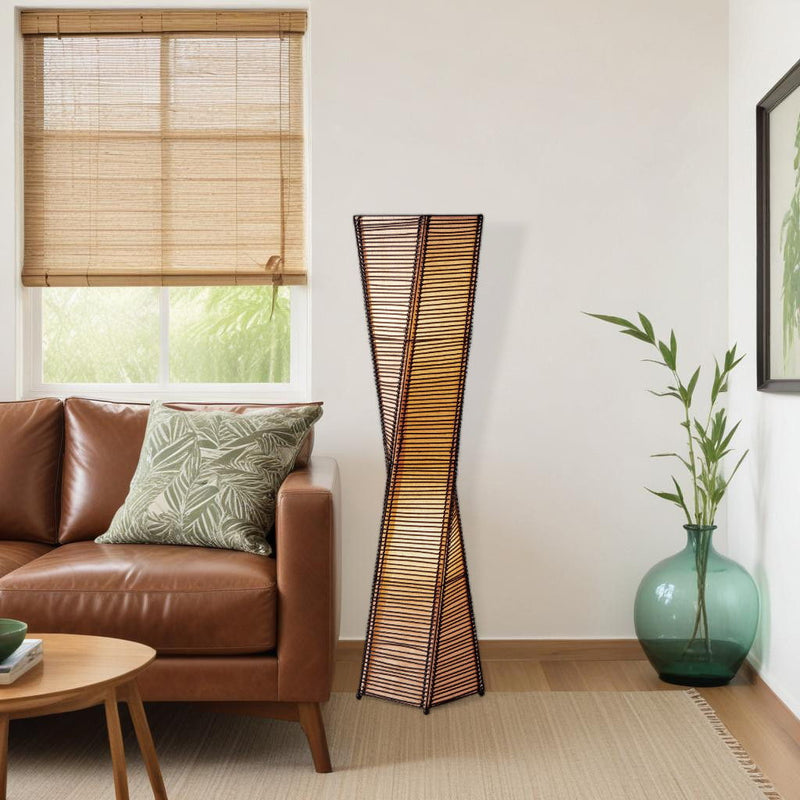 Floor Lamp With Black And Tan Twisted Cylinder Shade - Black