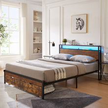 Load image into Gallery viewer, Modern Metal Platform Bed Frame With Wooden Headboard And Footboard, USB Charging Station, LED Lights, 2 Drawers
