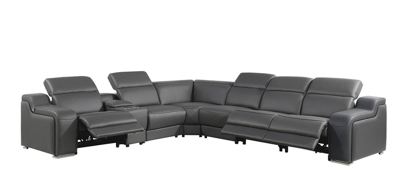 Italian Leather Power Reclining Curved 7 Piece Corner Sectional With Console - Gray