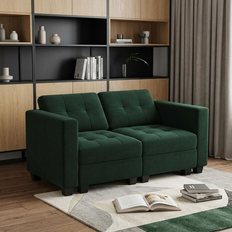 Velvet Loveseat With Storage And Toss Pillows - Green And Black