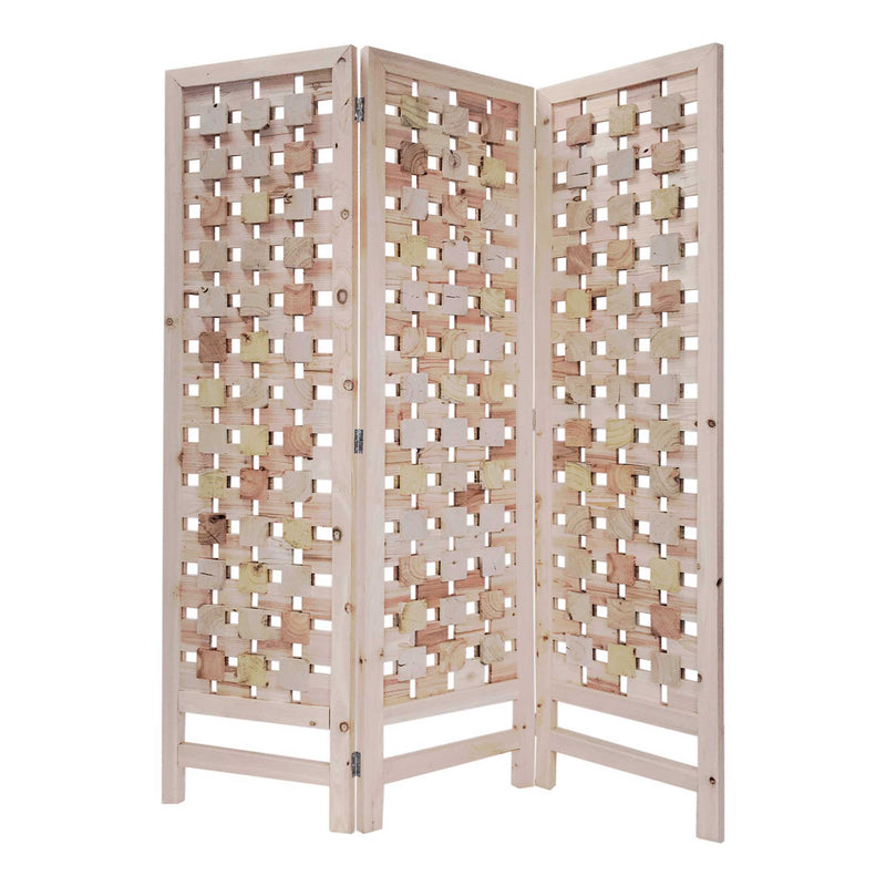 3 Panel Room Divider With Cut Square Wood Design - Pink