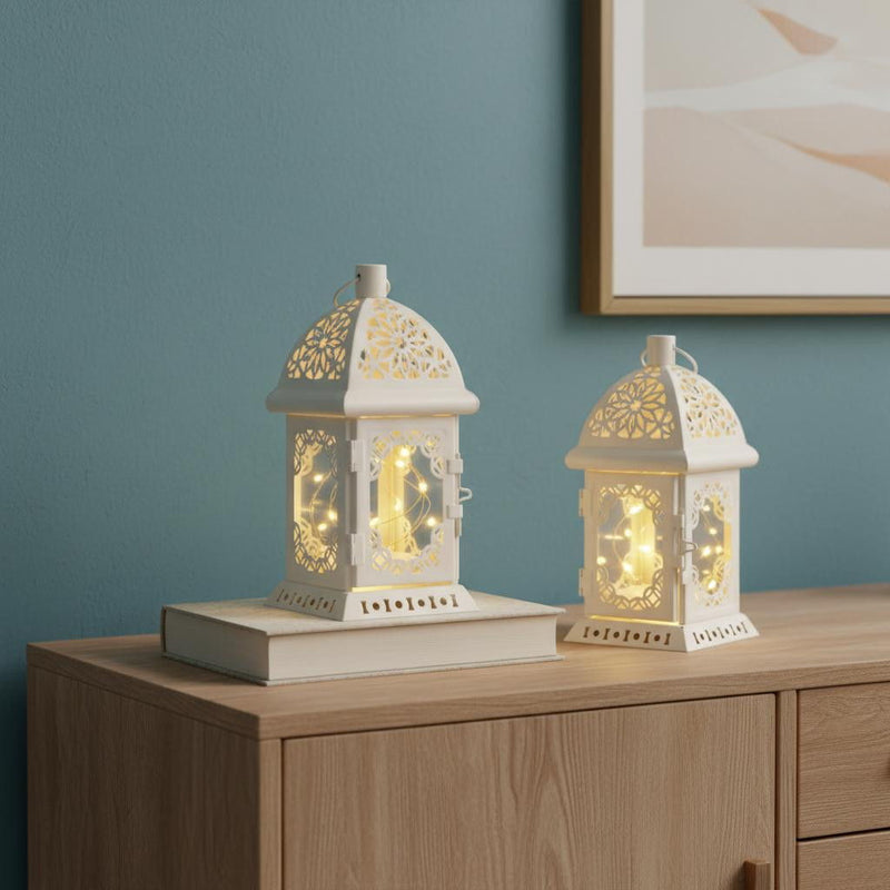 Metal Glass Pierced Scrollwork Lantern Lamps (Set of 2) - White