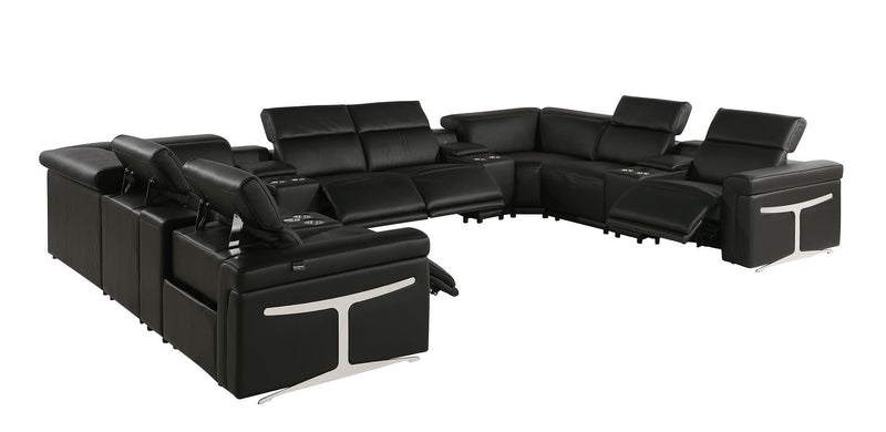 Italian Leather Power Reclining U Shaped Twelve Piece Sectional With Console - Black