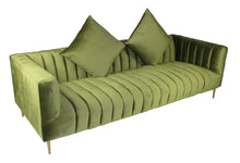 Load image into Gallery viewer, Moss Velvet Sofa With Two Toss Pillows - Green / Gold
