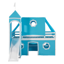 Load image into Gallery viewer, Twin Size Bunk Bed with Slide Blue Tent and Tower - Blue
