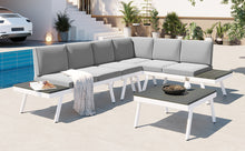 Load image into Gallery viewer, TOPMAX Industrial 5-Piece Aluminum Outdoor Patio Furniture Set, Modern Garden Sectional Sofa Set with End Tables, Coffee Table and Furniture Clips for Backyard, White+Grey
