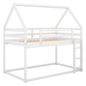 Twin over Twin Low Bunk Bed, House Bed with Ladder , White(OLD SKU:WF197808AAK)