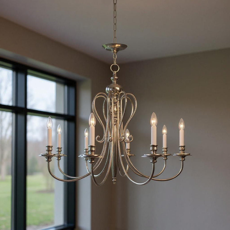 32" Eight Light Dimmable Chandelier With Shades - Nickel / Pearl Silver