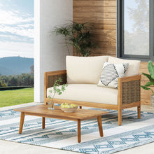 Load image into Gallery viewer, 2 - Person Outdoor Seating Group with Cushions and Coffee Table, Teak + Mixed Brown + Beige
