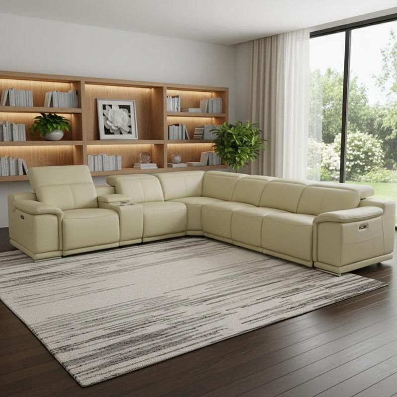 Italian Leather Power Reclining Seven Piece Corner Sectional With Console - Beige