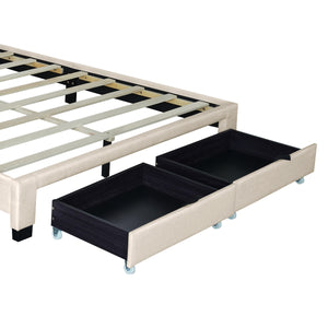 QUEEN SIZE UPHOLSTERED BED WITH ADJUSTABLE HEIGHT / MATTRESS 10 TO 14 INCHES / LED DESIGN WITH FOOTBOARD DRAWERS STORAGE / NO BOX SPRING REQUIRED BEIGE