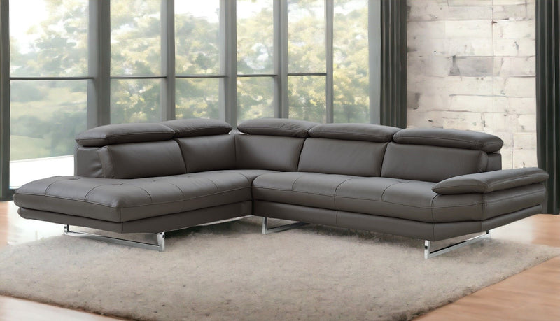 Genuine Leather L Shaped Two Piece Sofa Chaise Sectional - Dark Gray