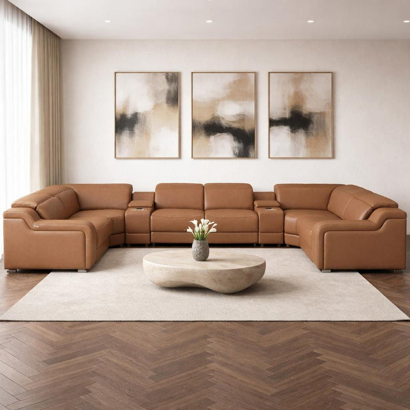 Italian Leather Power Reclining U-Shaped Eight Piece Corner Sectional With Console - Chestnut