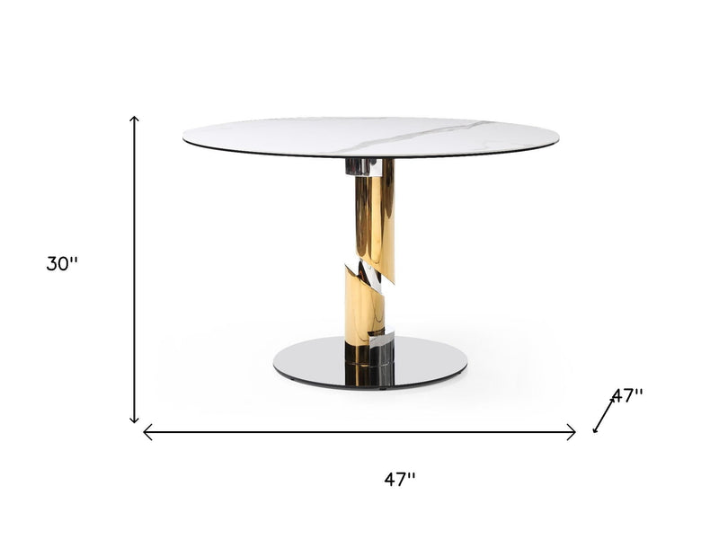 Ceramic Stainless Steel Pedestal Base Round Top Dining Table - White / Gold / Silver
