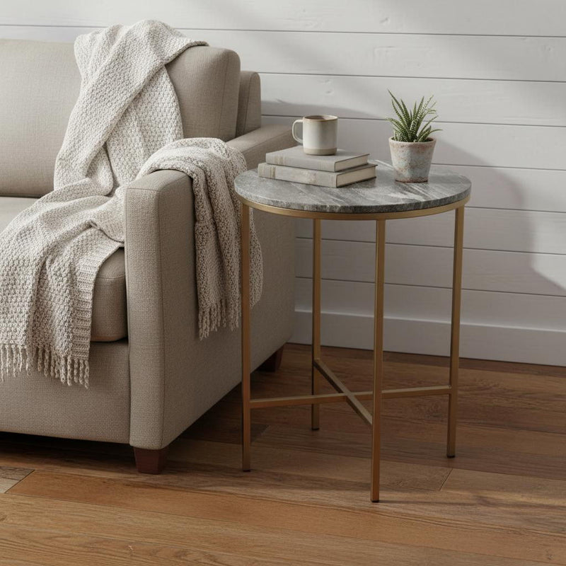 Marble Round End Table - Brass And Gray