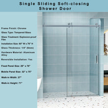 Load image into Gallery viewer, Frameless Soft-Closing Shower Door, 1/4" (6 Mm) Tempered Glass Single Sliding With Explosion Proof Coating
