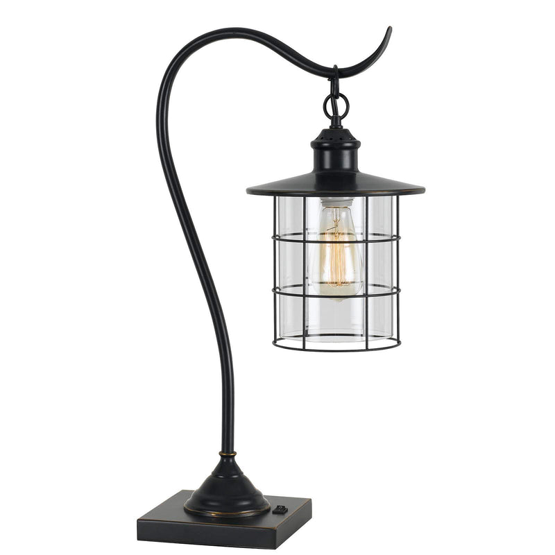 Metal Lantern Style Desk Lamp With Edison Bulb - Bronze