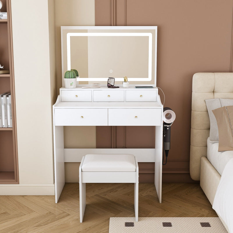 Wood Mirrored Five Drawer Vanity Table Lights - White