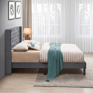 Velvet Button Tufted-Upholstered Bed with Wings Design - Strong Wood Slat Support - Easy Assembly - Gray, Queen, platform bed