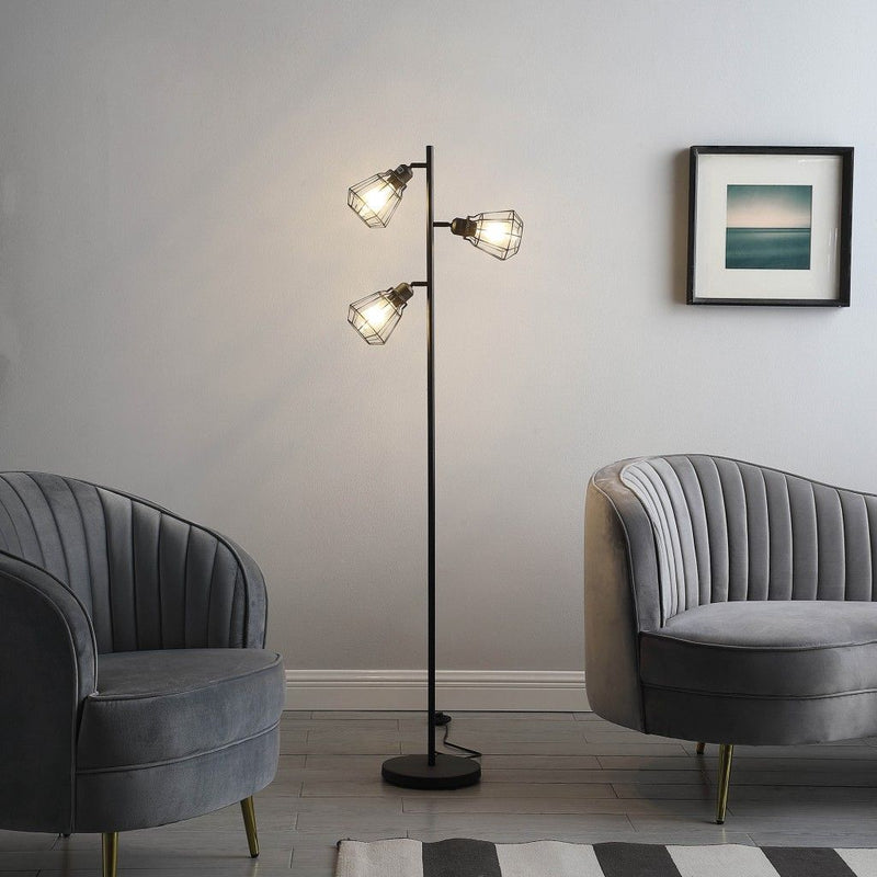 Three Light Tree Floor Lamp With Black Metal Cage Shade - Black