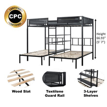 Load image into Gallery viewer, Metal Full over Twin Beds with Shelves/ Sturdy Metal Frame/ Noise-Free Wood Slats/ Comfortable Textilene Guardrail/ Bunk Bed for Three/ Built-in 3-Tier Shelves/ No Box Spring Needed
