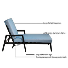 Load image into Gallery viewer, 3 Piece Outdoor Patio Lounge Set, 2 Chaise &amp; 1 End Table With Modern Tapered Feet, Pneumatic Adjustable Backrest, Wheels, Sunbrella Cushion - Ember Black / Blue
